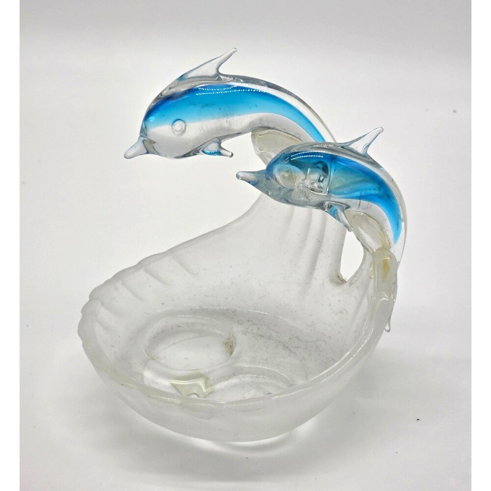 Glass Dolphin Figurine Blue on Clear Glass Bowl Base Dolphin Animal Figure